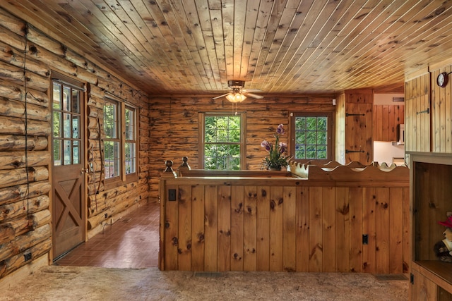 31 Convene Rd, Sebago, ME 04029 - kitchen featuring wood ceiling, ceiling fan, and rustic walls