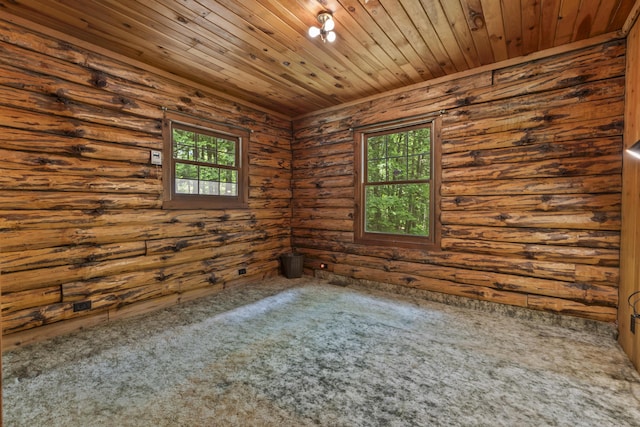 31 Convene Rd, Sebago, ME 04029 - spare room featuring carpet flooring, plenty of natural light, wooden ceiling, and rustic walls