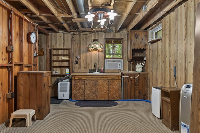 31 Convene Rd, Sebago, ME 04029 - kitchen with carpet, wooden walls, and cooling unit