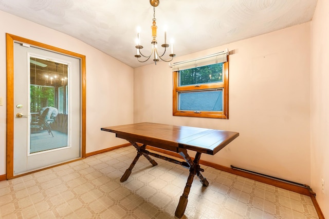 106 Bowdoinham Rd, Sabattus, ME 04280 - dining space featuring a chandelier and vaulted ceiling