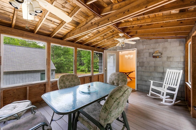 106 Bowdoinham Rd, Sabattus, ME 04280 - sunroom / solarium featuring vaulted ceiling, ceiling fan, and outdoor dining area