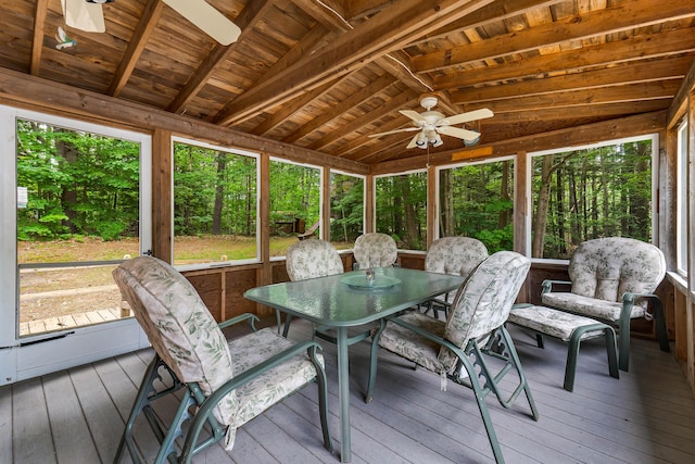 106 Bowdoinham Rd, Sabattus, ME 04280 - sunroom / solarium with ceiling fan, outdoor dining space, lofted ceiling, and plenty of natural light