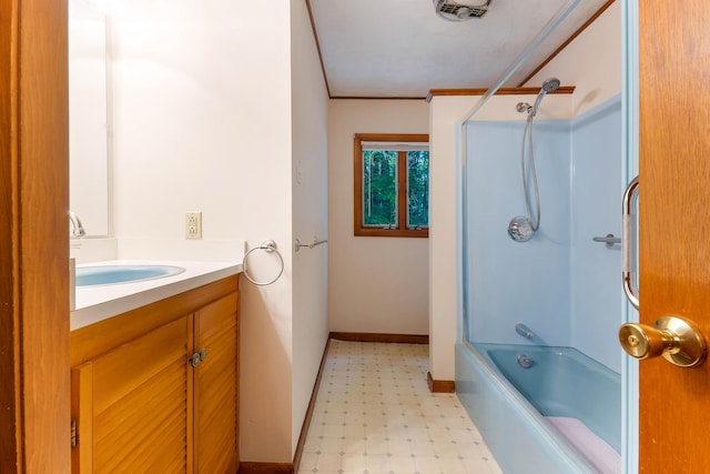 106 Bowdoinham Rd, Sabattus, ME 04280 - full bathroom with tile patterned floors, vanity, bathtub / shower combination, and crown molding