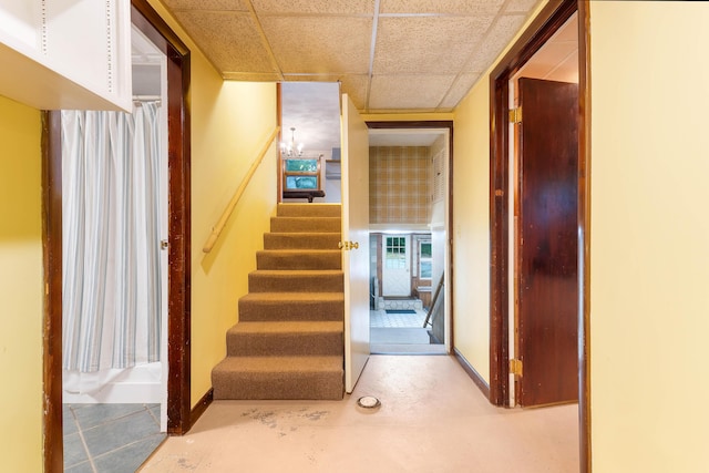 106 Bowdoinham Rd, Sabattus, ME 04280 - staircase featuring concrete flooring and a paneled ceiling