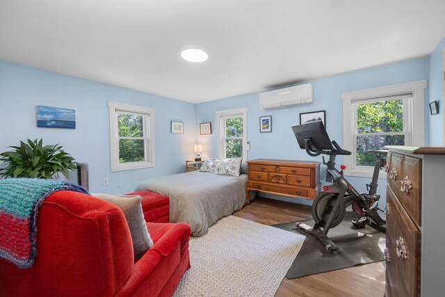 1165 Castine Rd, Penobscot, ME 04476 - bedroom featuring a wall unit AC, wood finished floors, and radiator heating unit