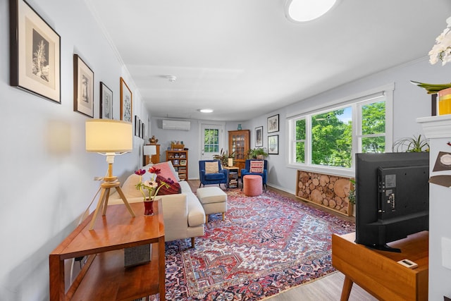 1165 Castine Rd, Penobscot, ME 04476 - living area with a wall mounted AC, wood finished floors, and ornamental molding