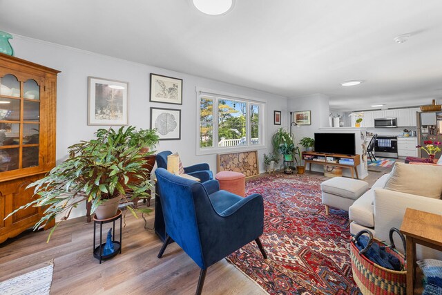 1165 Castine Rd, Penobscot, ME 04476 - living room featuring light wood-style flooring and ornamental molding