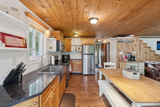 115 34th St, Acton, ME 04001 - kitchen with stainless steel appliances, dark wood-type flooring, wooden ceiling, decorative light fixtures, and open shelves