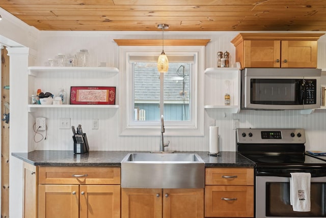115 34th St, Acton, ME 04001 - kitchen featuring stainless steel appliances, open shelves, wood ceiling, pendant lighting, and crown molding