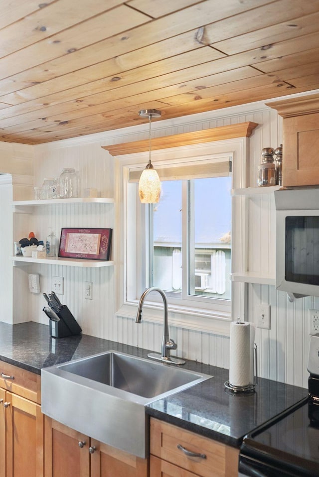 115 34th St, Acton, ME 04001 - kitchen featuring wood ceiling, range with electric cooktop, brown cabinets, open shelves, and decorative light fixtures