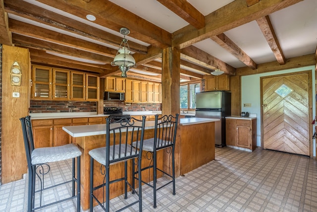 115 Swain Farm Rd, Rumford, ME 04276 - kitchen with freestanding refrigerator, black range with electric stovetop, light countertops, beam ceiling, and brown cabinetry