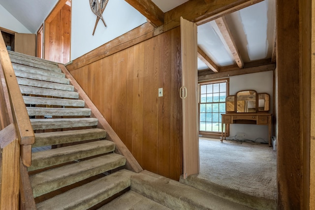 115 Swain Farm Rd, Rumford, ME 04276 - stairway featuring carpet, vaulted ceiling, and wooden walls