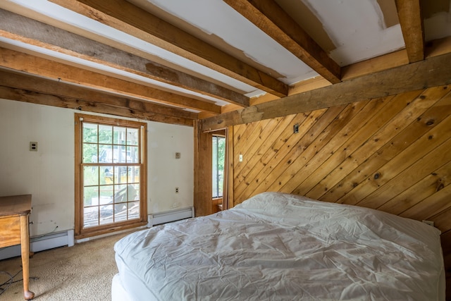 115 Swain Farm Rd, Rumford, ME 04276 - bedroom with a baseboard heating unit, carpet floors, and beam ceiling