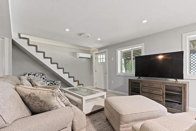 60 Butterworth Dr Unit 40, 46, Naples, ME 04055 - living room featuring a wall unit AC, recessed lighting, and stairs