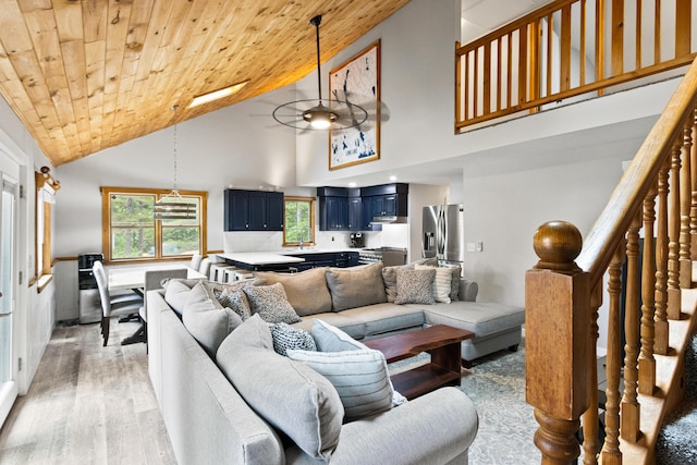 60 Butterworth Dr Unit 40, 46, Naples, ME 04055 - living room featuring wooden ceiling, high vaulted ceiling, light wood-type flooring, and stairs