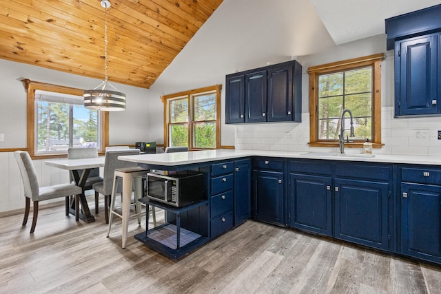 60 Butterworth Dr Unit 40, 46, Naples, ME 04055 - kitchen with stainless steel microwave, blue cabinetry, light countertops, plenty of natural light, and wood ceiling