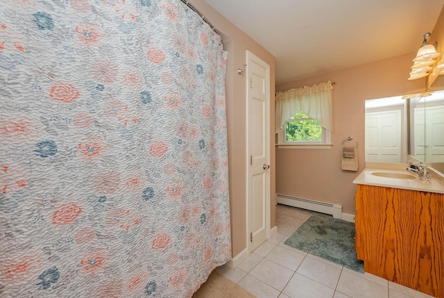 15 Vine St Unit B, South Berwick, ME 03908 - full bathroom featuring a baseboard heating unit, tile patterned flooring, vanity, and curtained shower