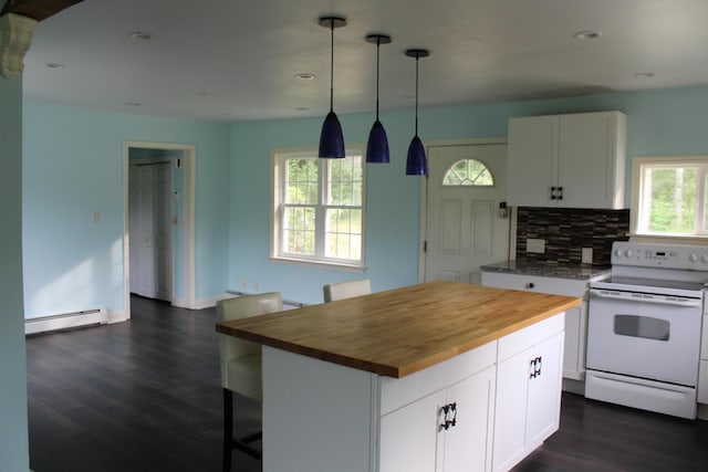 49 Horace Files Rd, Naples, ME 04055 - kitchen featuring white range with electric cooktop, butcher block counters, baseboard heating, dark wood-style flooring, and tasteful backsplash