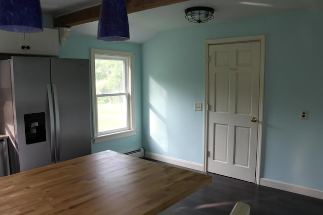 49 Horace Files Rd, Naples, ME 04055 - kitchen with stainless steel fridge with ice dispenser, wooden counters, dark wood-style flooring, and white cabinets