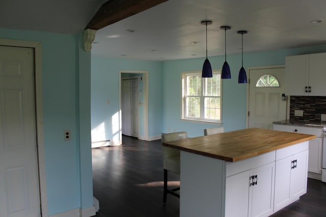 49 Horace Files Rd, Naples, ME 04055 - kitchen featuring wooden counters, white cabinets, dark wood-style floors, backsplash, and a kitchen island