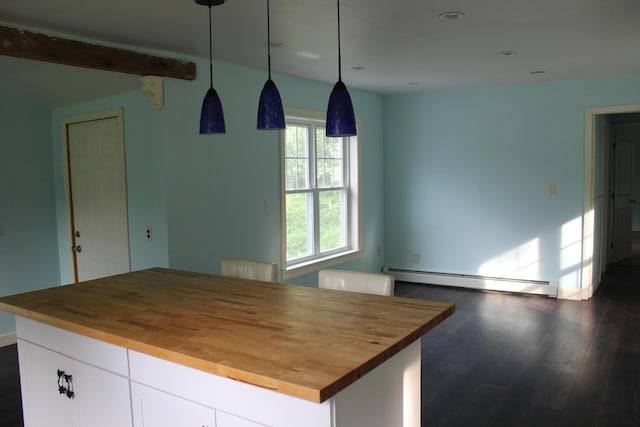 49 Horace Files Rd, Naples, ME 04055 - kitchen with wood counters, baseboard heating, dark wood-style floors, and white cabinets