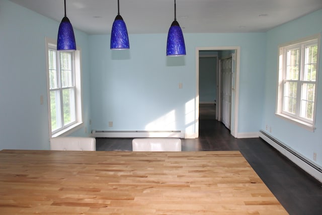 49 Horace Files Rd, Naples, ME 04055 - unfurnished dining area with a baseboard radiator, baseboard heating, and wood finished floors