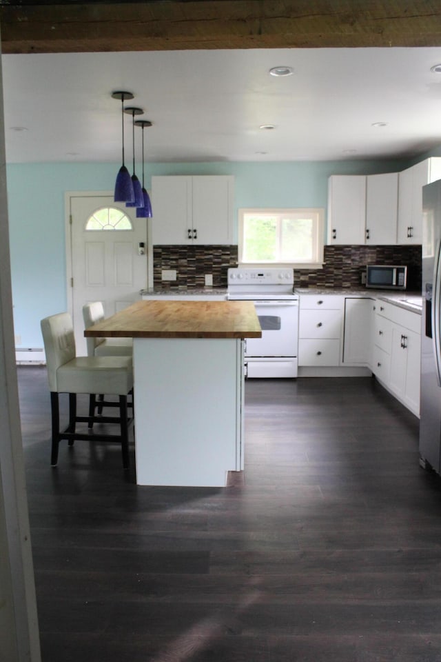 49 Horace Files Rd, Naples, ME 04055 - kitchen featuring stainless steel appliances, butcher block countertops, tasteful backsplash, white cabinets, and dark wood-type flooring