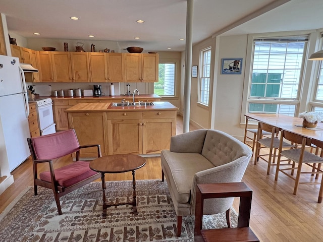 95 Main St, Castine, ME 04421 - kitchen with extractor fan, white appliances, light wood-type flooring, a center island with sink, and recessed lighting