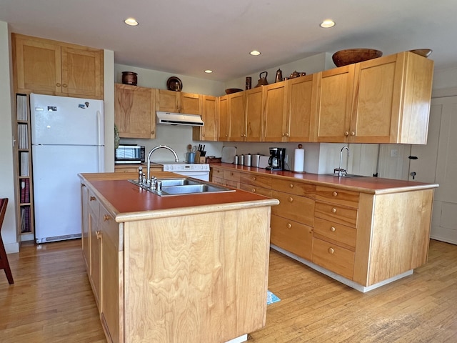 95 Main St, Castine, ME 04421 - kitchen featuring freestanding refrigerator, light wood-style flooring, under cabinet range hood, a kitchen island with sink, and recessed lighting