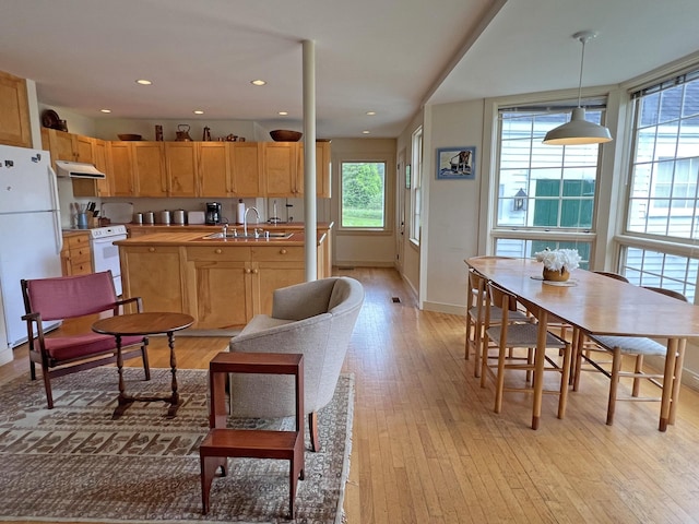 95 Main St, Castine, ME 04421 - kitchen featuring white appliances, under cabinet range hood, light wood-type flooring, light brown cabinetry, and pendant lighting