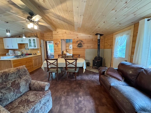 147 Loop Rd, Lincoln, ME 04457 - living area featuring wooden walls, vaulted ceiling, healthy amount of natural light, dark wood finished floors, and a wood stove