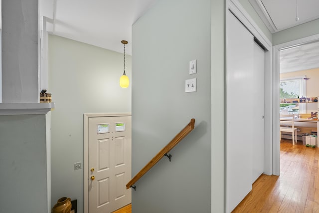 44 Ellen Cir, Yarmouth, ME 04096 - stairs featuring hardwood / wood-style flooring and attic access