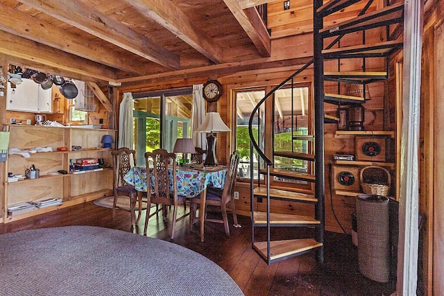 8 Horseshoe Is, Winthrop, ME 04364 - dining space with hardwood / wood-style floors, a wooden ceiling with exposed beams, wooden walls, and stairs
