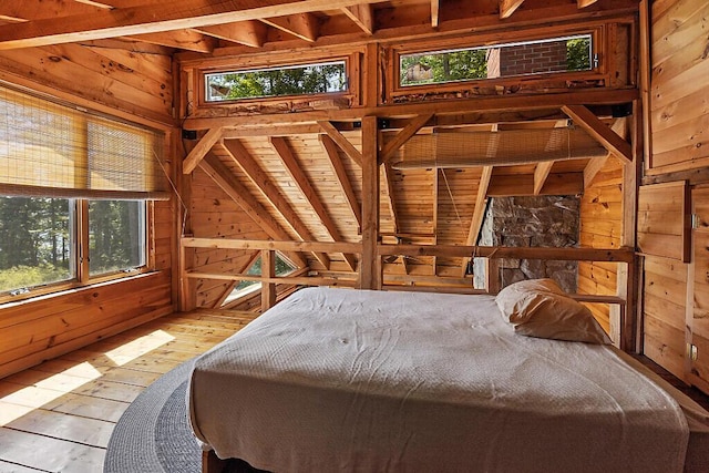 8 Horseshoe Is, Winthrop, ME 04364 - bedroom with wooden walls, hardwood / wood-style flooring, and a wooden ceiling with exposed beams