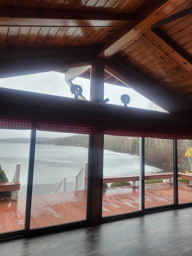 13 S Brook Ln, Eagle Lake, ME 04739 - detailed view of a wood ceiling with exposed beams, nearby water, and wood finished floors