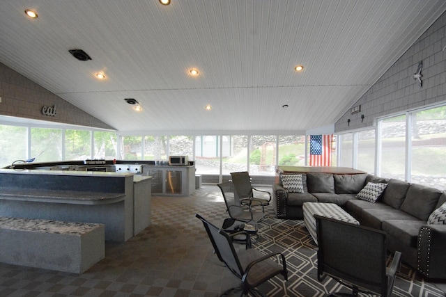 13 S Brook Ln, Eagle Lake, ME 04739 - sunroom featuring recessed lighting, carpet floors, wooden ceiling, and high vaulted ceiling