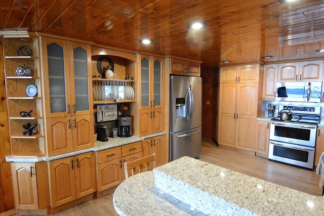 13 S Brook Ln, Eagle Lake, ME 04739 - kitchen featuring appliances with stainless steel finishes, wooden ceiling, open shelves, light wood-type flooring, and light stone counters