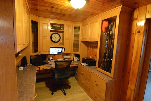 13 S Brook Ln, Eagle Lake, ME 04739 - office area with wood ceiling, built in desk, and light wood finished floors