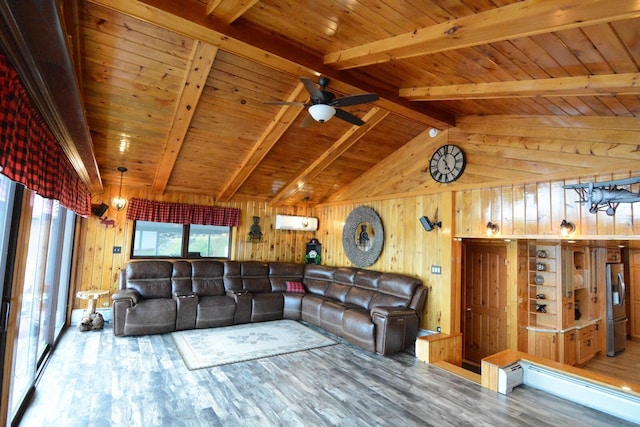 13 S Brook Ln, Eagle Lake, ME 04739 - living room featuring wood finished floors, a baseboard heating unit, wood walls, wooden ceiling, and ceiling fan