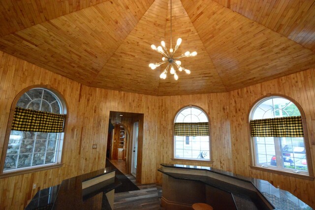 13 S Brook Ln, Eagle Lake, ME 04739 - interior space featuring a chandelier, multiple windows, wood ceiling, high vaulted ceiling, and wood walls
