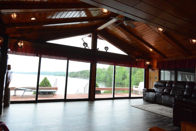 13 S Brook Ln, Eagle Lake, ME 04739 - living room with wood ceiling, wood finished floors, and a water view