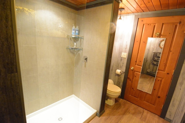13 S Brook Ln, Eagle Lake, ME 04739 - bathroom featuring a shower stall, wood finished floors, and wooden ceiling