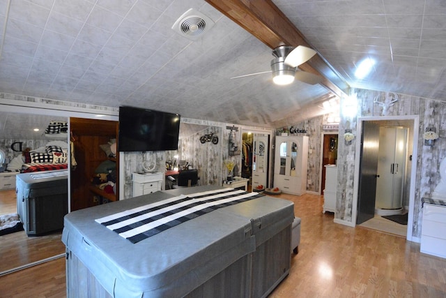 13 S Brook Ln, Eagle Lake, ME 04739 - kitchen featuring ceiling fan, wood finished floors, and lofted ceiling