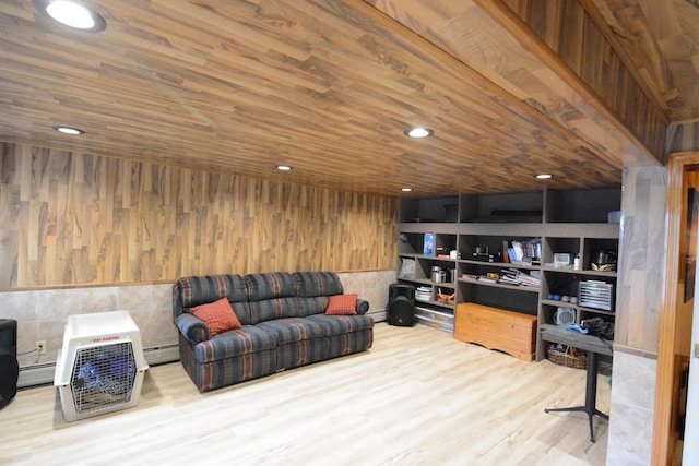 13 S Brook Ln, Eagle Lake, ME 04739 - office space featuring a baseboard heating unit, wood finished floors, wood walls, recessed lighting, and tile walls