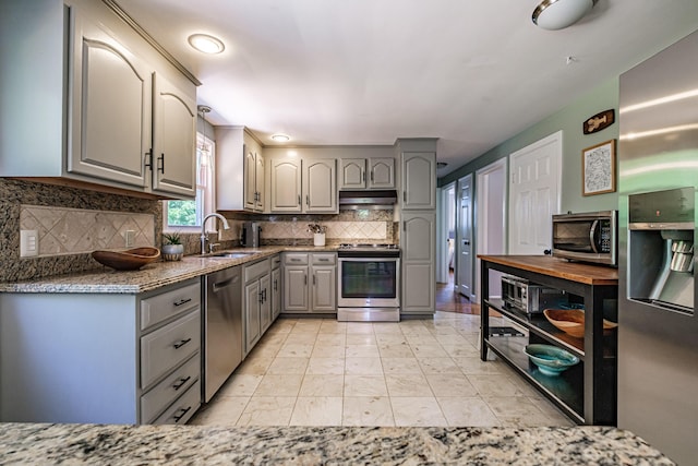 325 Ludlow St, Portland, ME 04102 - kitchen featuring appliances with stainless steel finishes, gray cabinetry, tasteful backsplash, and light stone countertops