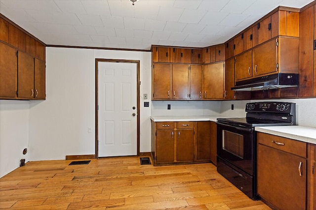 7 James St, Bingham, ME 04920 - kitchen with black range with electric cooktop, under cabinet range hood, light wood-style floors, and light countertops