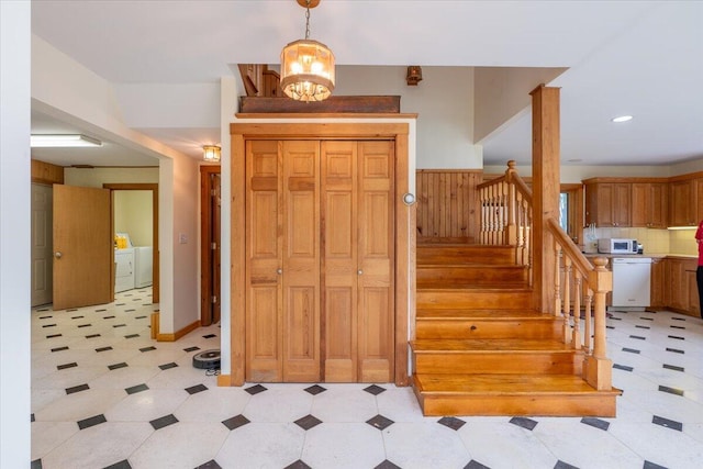 391 Main Rd, Islesboro, ME 04848 - entrance foyer featuring washer and dryer, light flooring, stairs, and recessed lighting