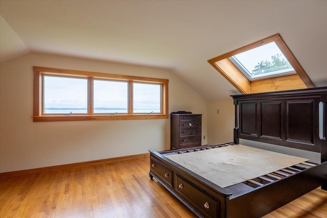 391 Main Rd, Islesboro, ME 04848 - bedroom with a skylight, vaulted ceiling, multiple windows, and light wood-style flooring