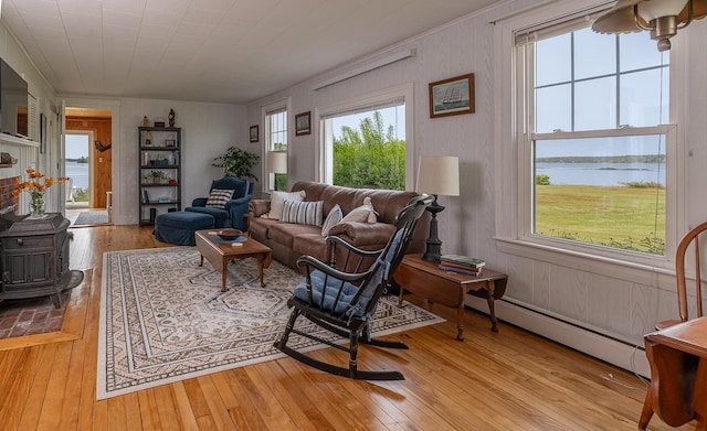 122 Isle Of Springs Rd, Boothbay, ME 04537 - living room featuring a wood stove, healthy amount of natural light, and hardwood / wood-style floors