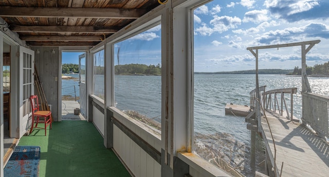 122 Isle Of Springs Rd, Boothbay, ME 04537 - sunroom / solarium featuring a water view and beamed ceiling